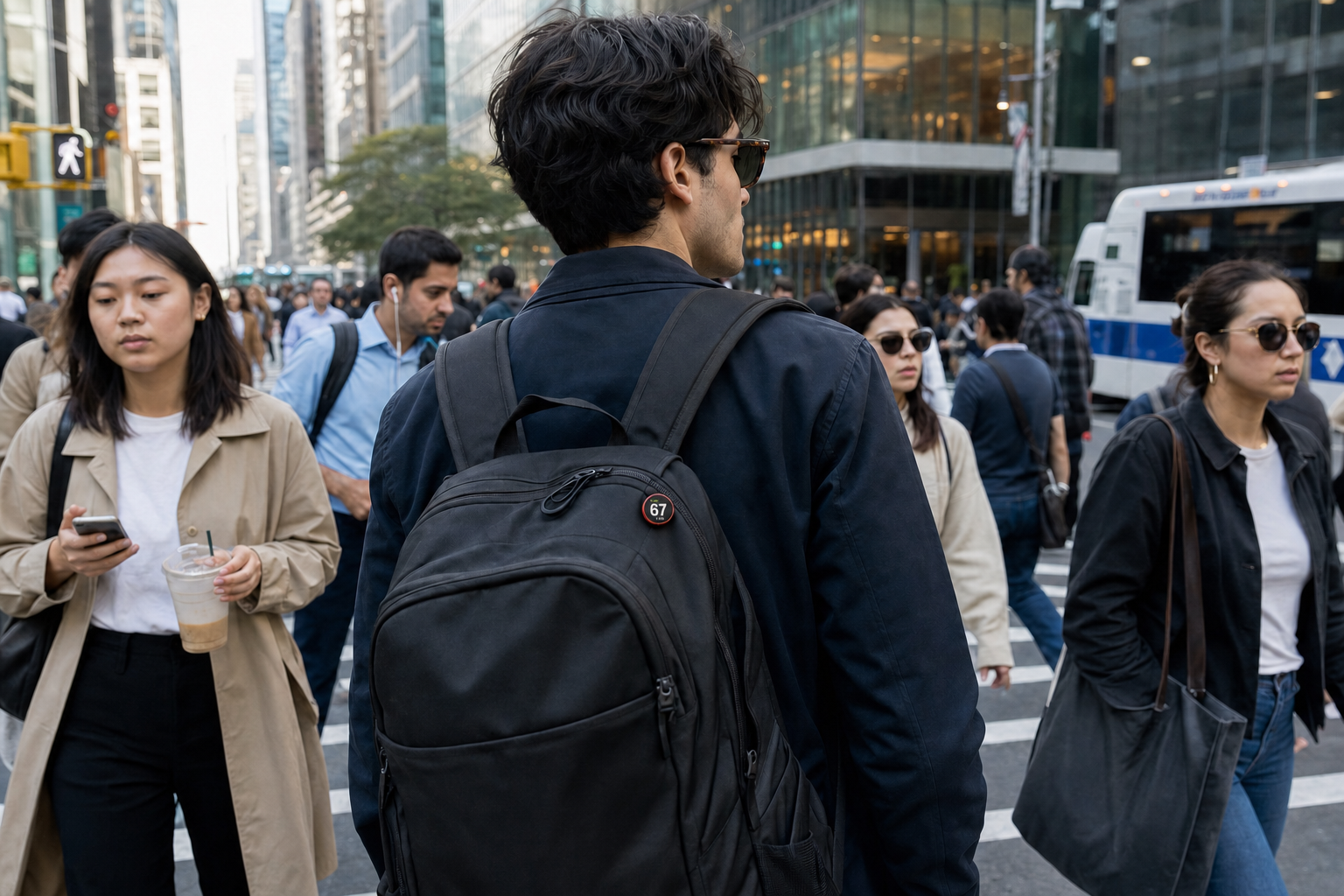Young commuter wearing the round red KNOWN score badge on a backpack in a crowded city crosswalk