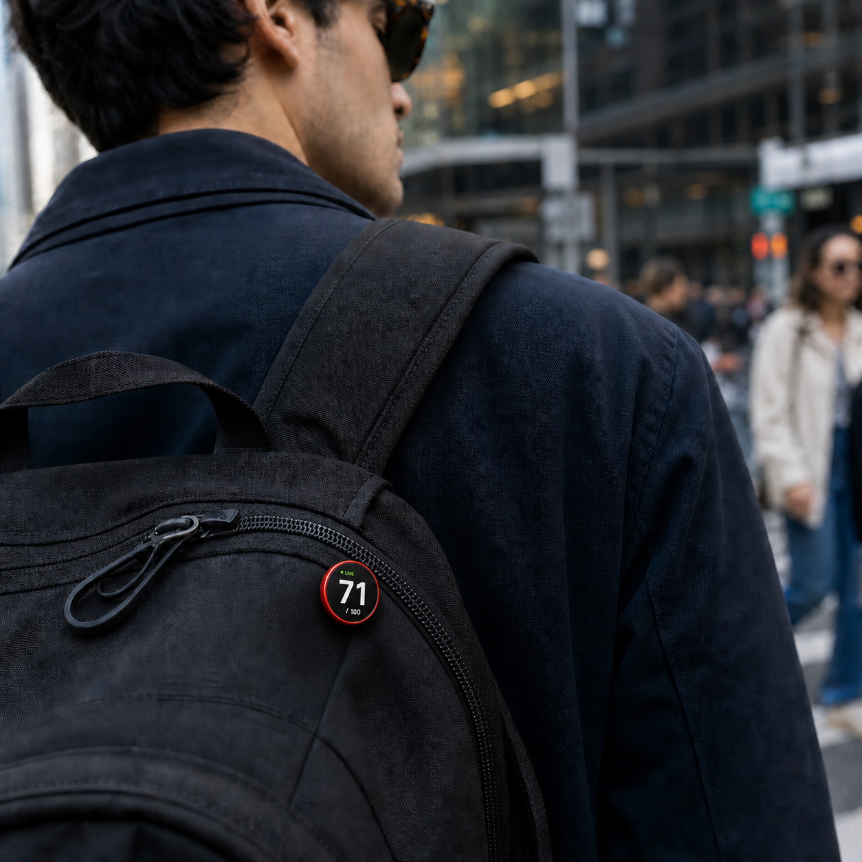 Close-up of a commuter wearing the round red KNOWN score device on a black backpack in the city