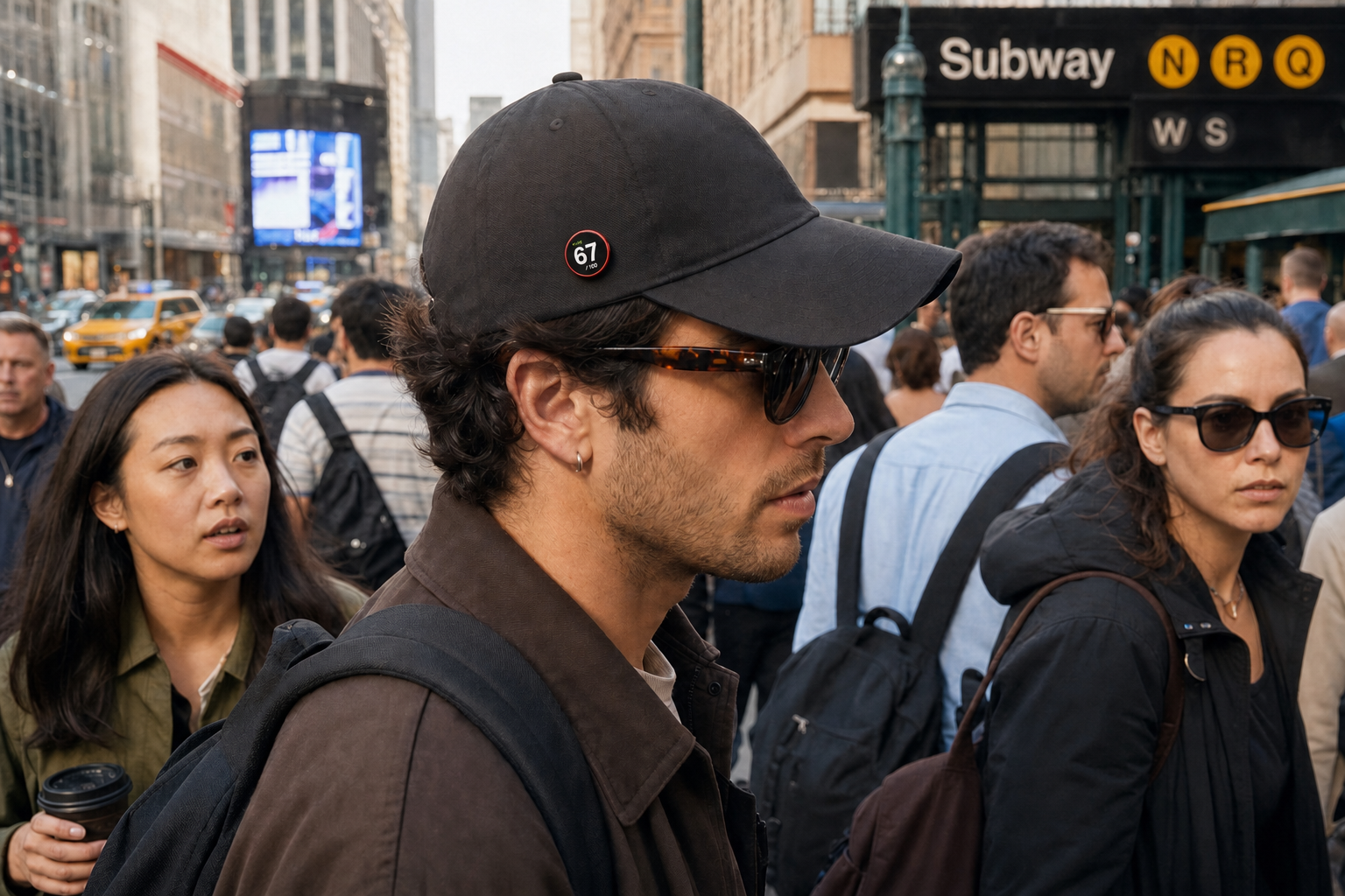 Young person wearing the round red KNOWN score badge on a cap in a busy downtown crowd