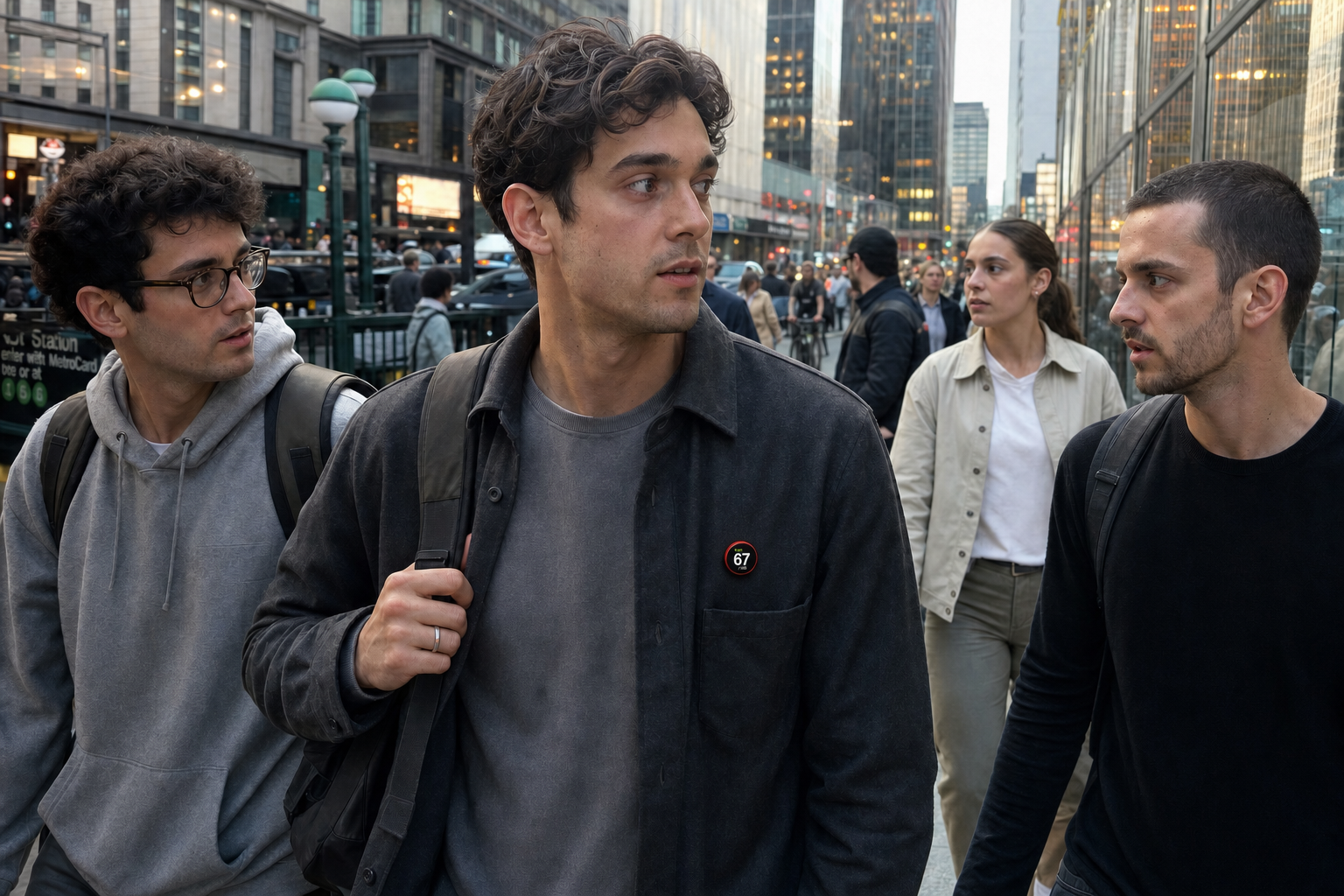 Young professional wearing the round red KNOWN score badge on a shirt in a dense urban environment