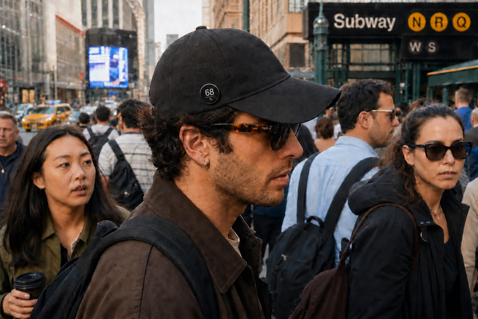 Young person wearing the black PERCENT badge showing 68 percent on a hat in a busy downtown crowd