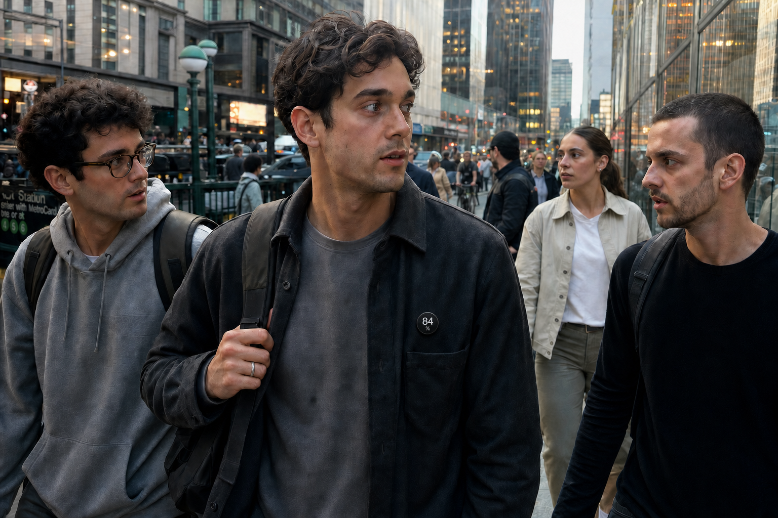 Young professional wearing the black PERCENT badge showing 84 percent on a shirt in a dense urban environment